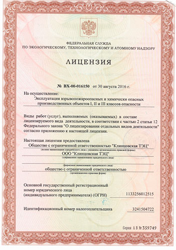 Лицензия ООО «Клинцовская ТЭЦ»